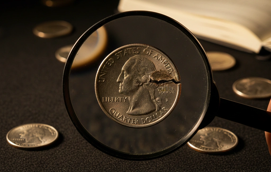 magnifying glass over damaged US quarter