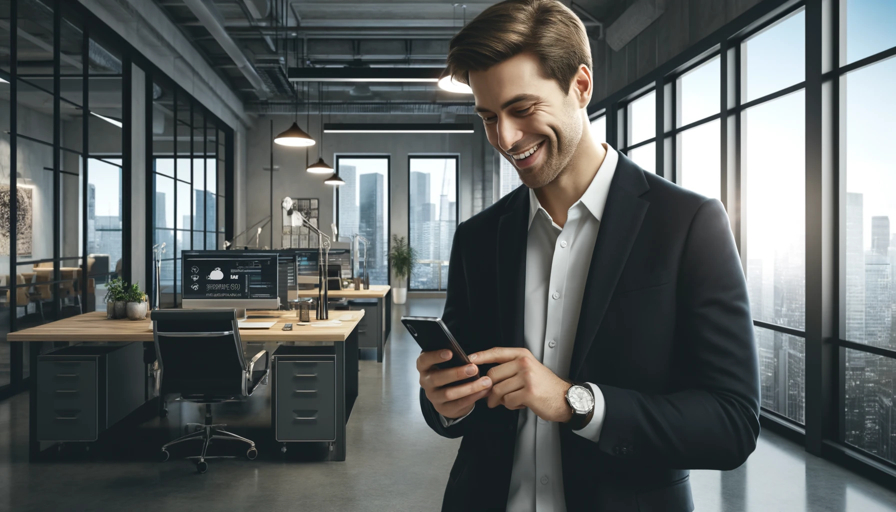 a smiling man using his phone in a modern office setting. The office is equipped with contemporary furniture and a large window showing a cityscape