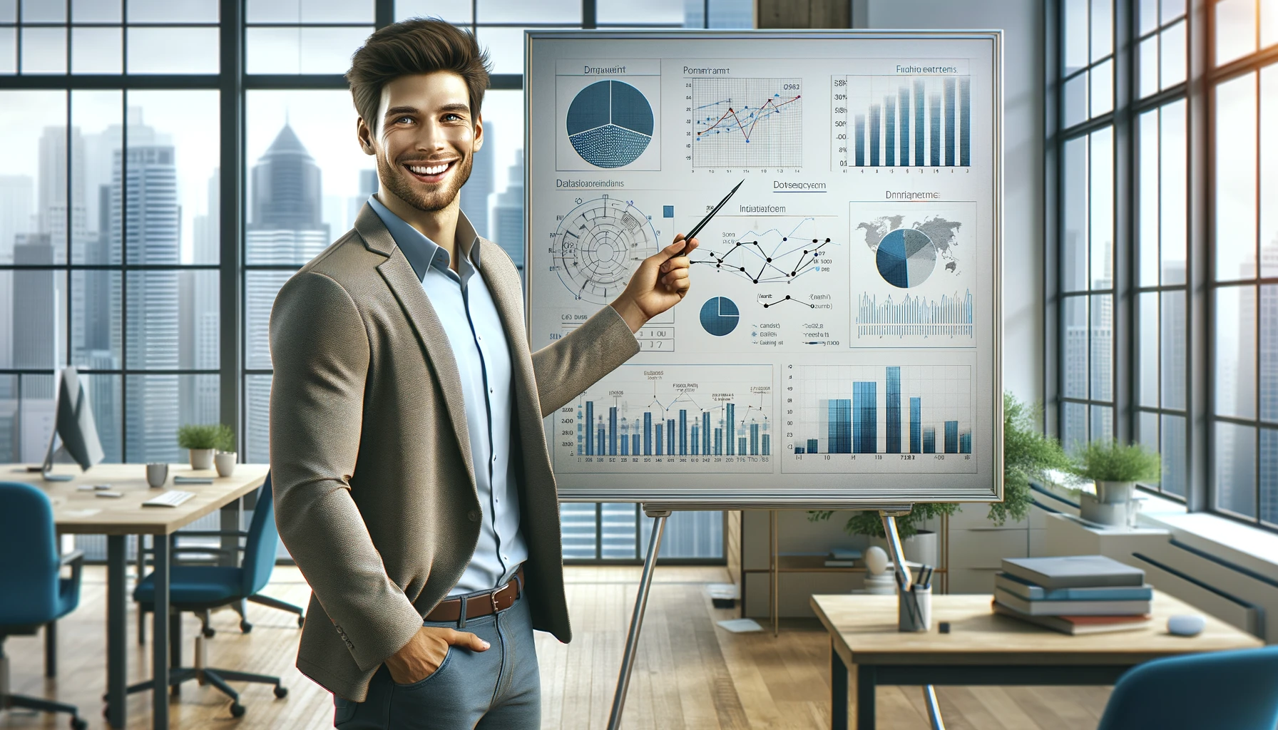 a smiling man presenting analytics on a whiteboard in a modern office setting.