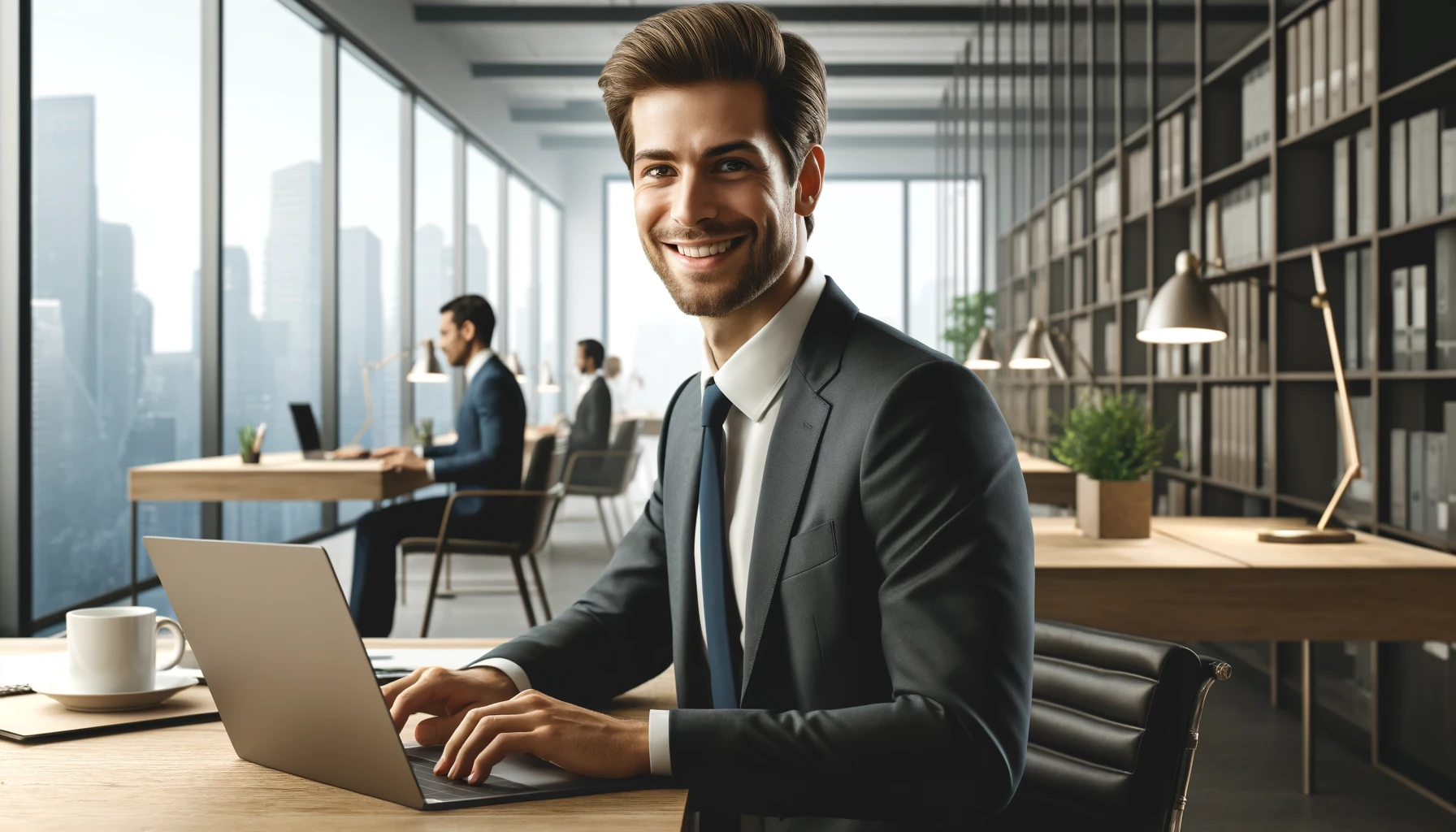 a smiling man in a suit sitting in an office with large windows and working on his laptop.