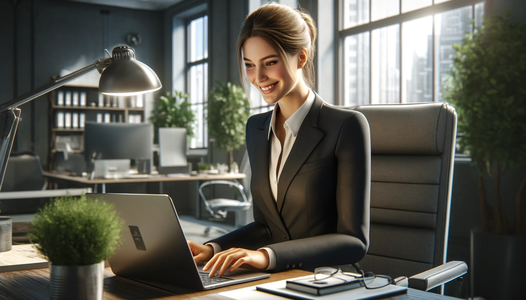 A female office worker sitting on a chair and using her laptop.