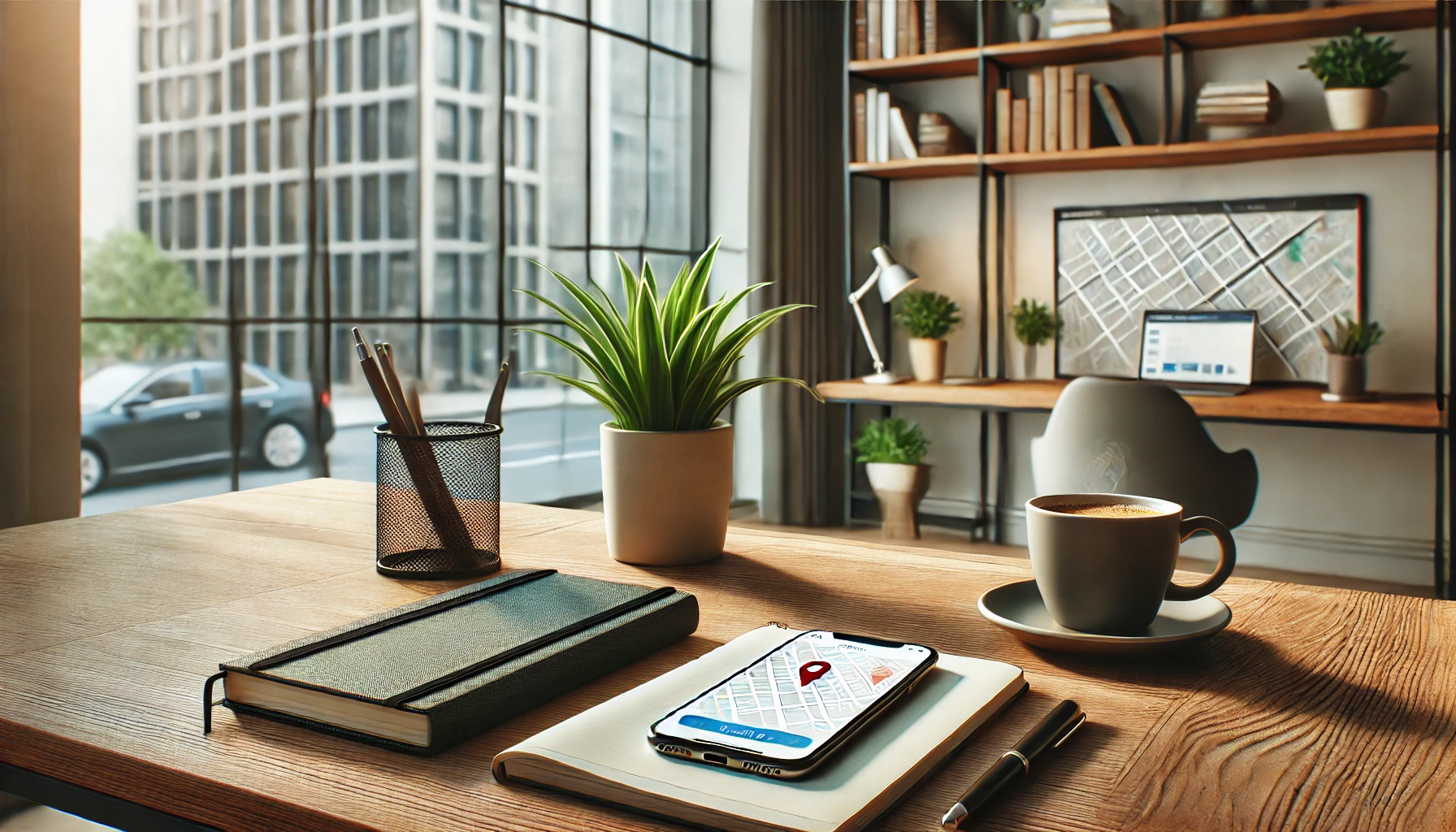 A clean and modern workspace with a wooden desk featuring a cup of coffee, a smartphone with a map application open, a notebook with a pen, and a potted plant.