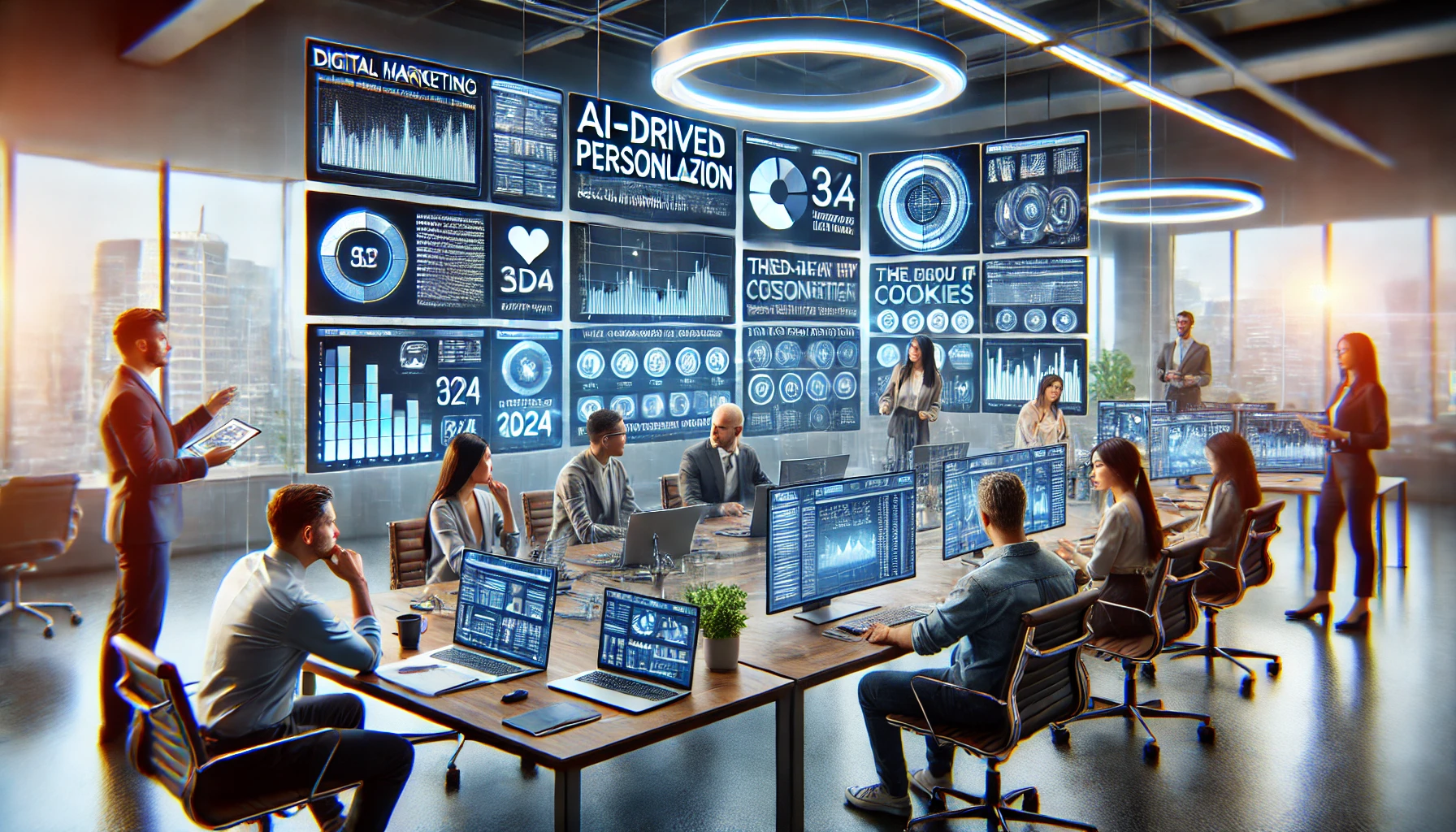 A modern digital marketing office space, illustrating a diverse team of professionals engaged in a strategy meeting.