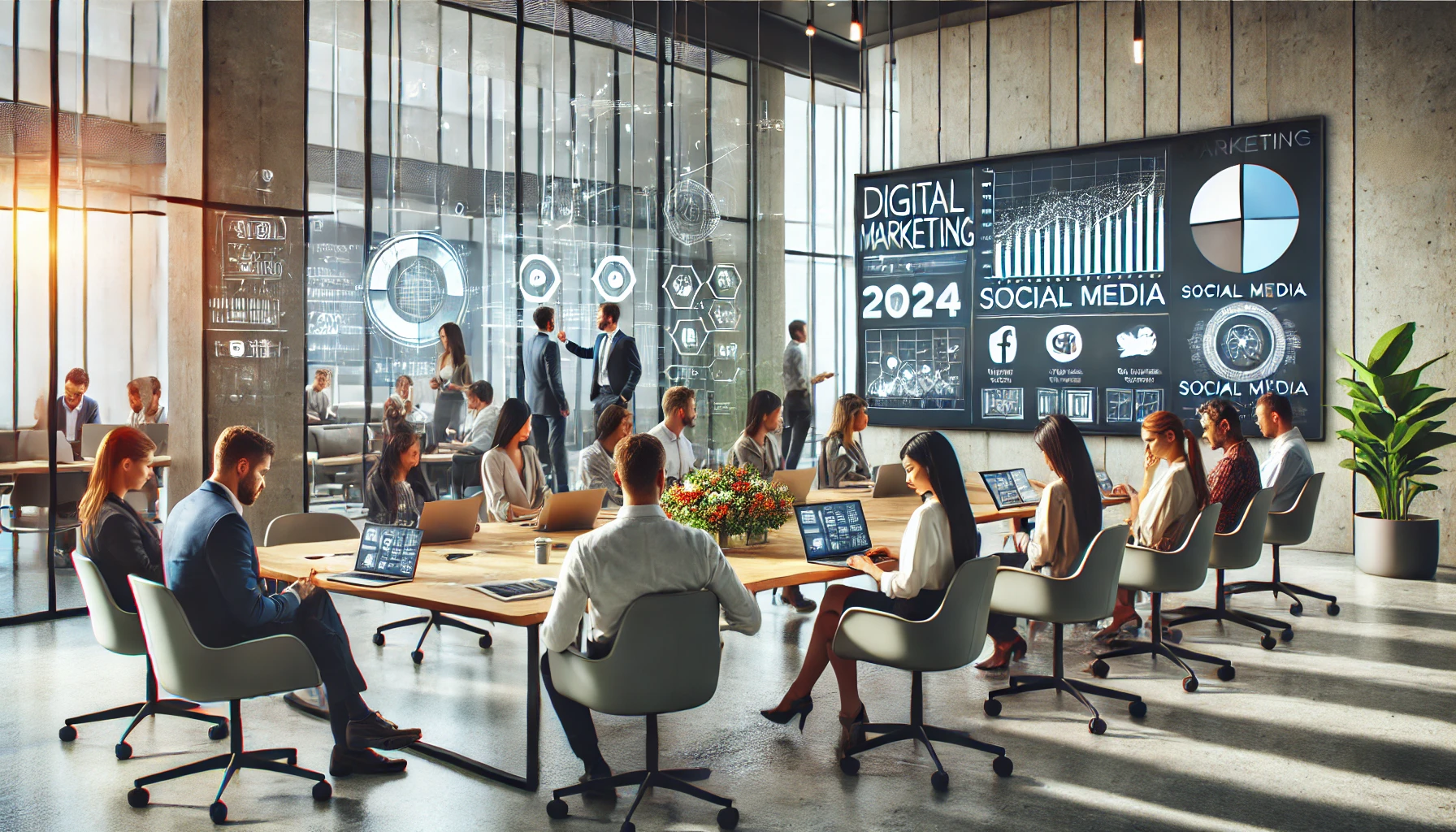 A large digital display with graphs and social media analytics, while team members, of various ethnicities, discuss and interact using laptops and tablets.