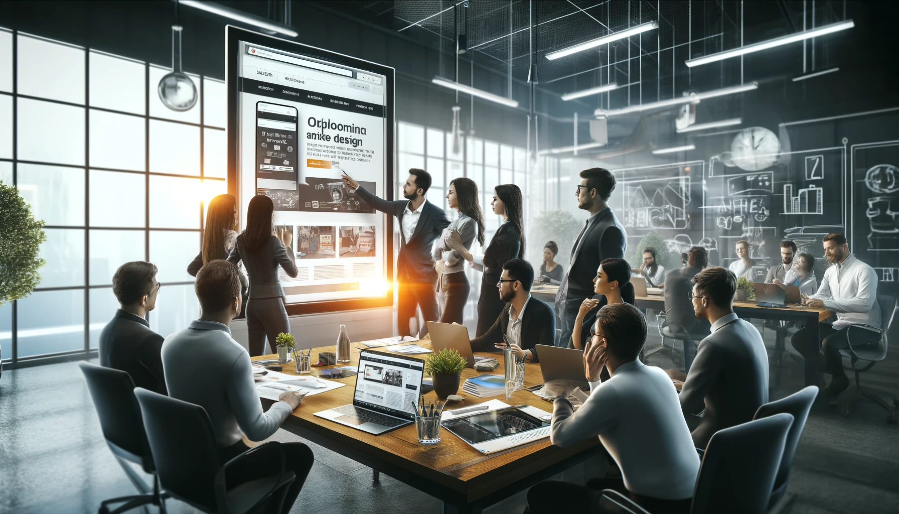 A modern digital marketing team working on a website's mobile optimization. The scene shows a diverse group of professionals collaborating around a large screen displaying a website on a mobile phone.