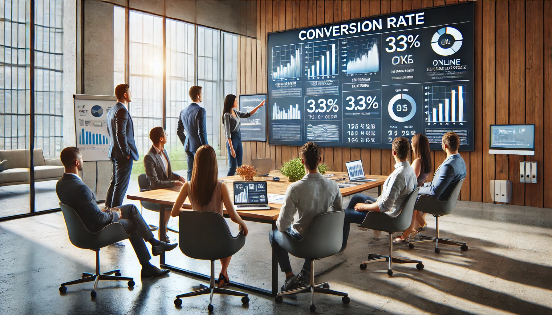 A digital marketing team analyzing conversion rate data on a large screen in a modern office setting.