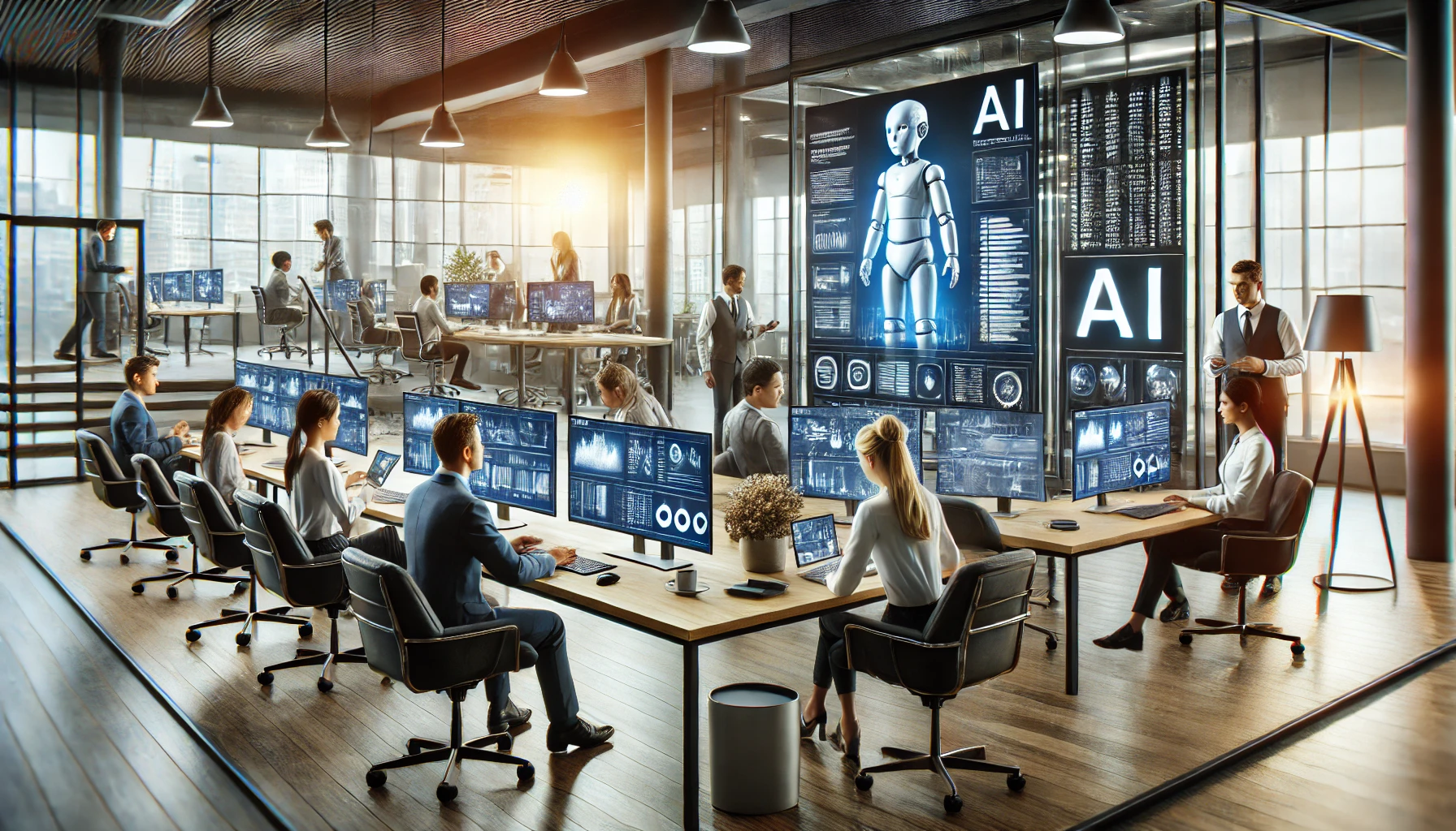 A digital marketing team in a modern office, working on AI-driven personalized campaigns.