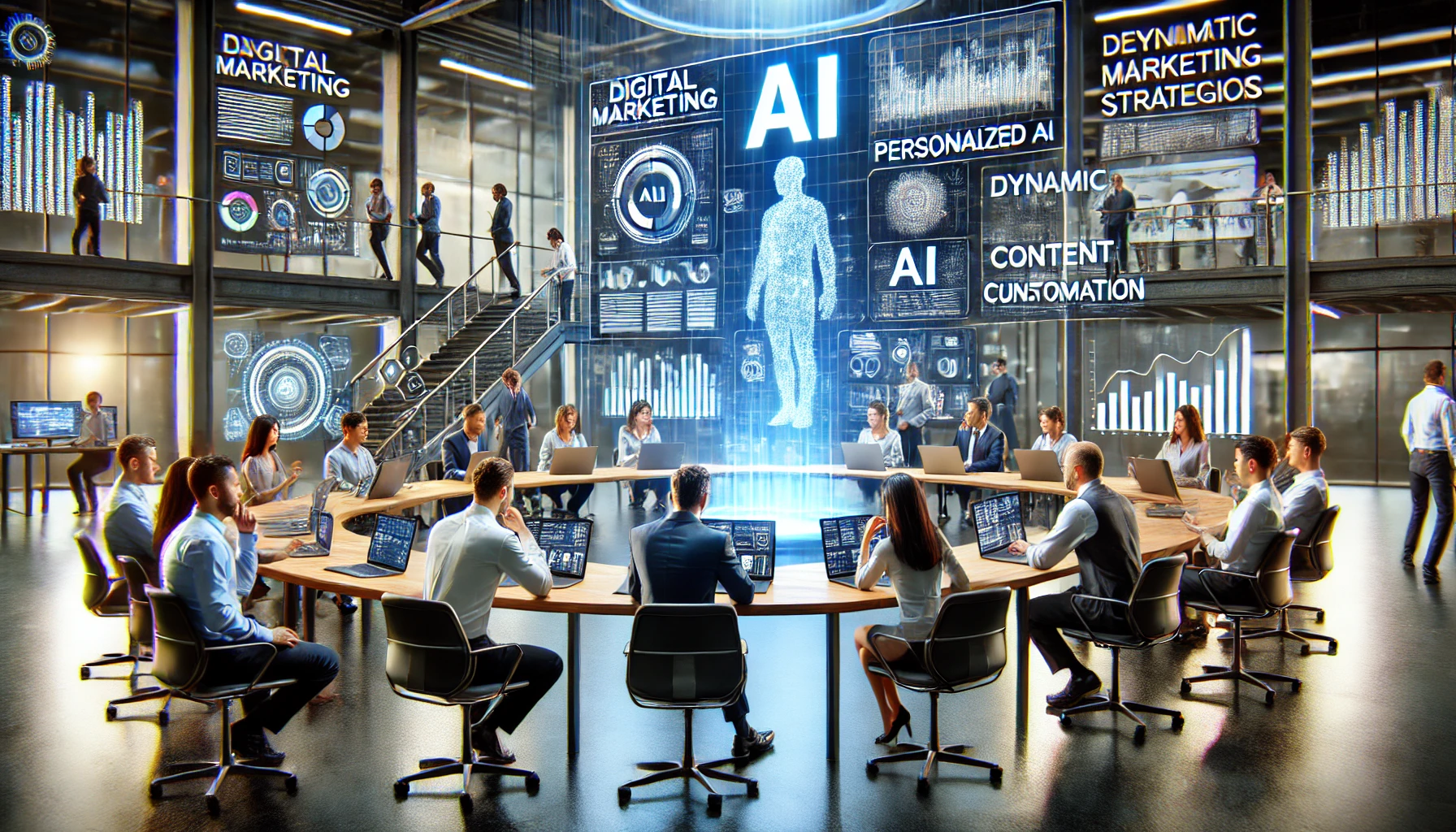 A digital marketing team leveraging AI for personalized campaigns. The scene is set in a modern, high-tech office with large screens displaying advanced data analytics, AI visualizations, and dynamic content customization.