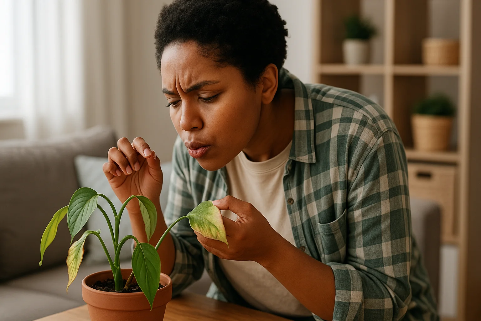 A young woman carefully inspects a potted plant, noticing early signs of stress on its yellowing leaves.