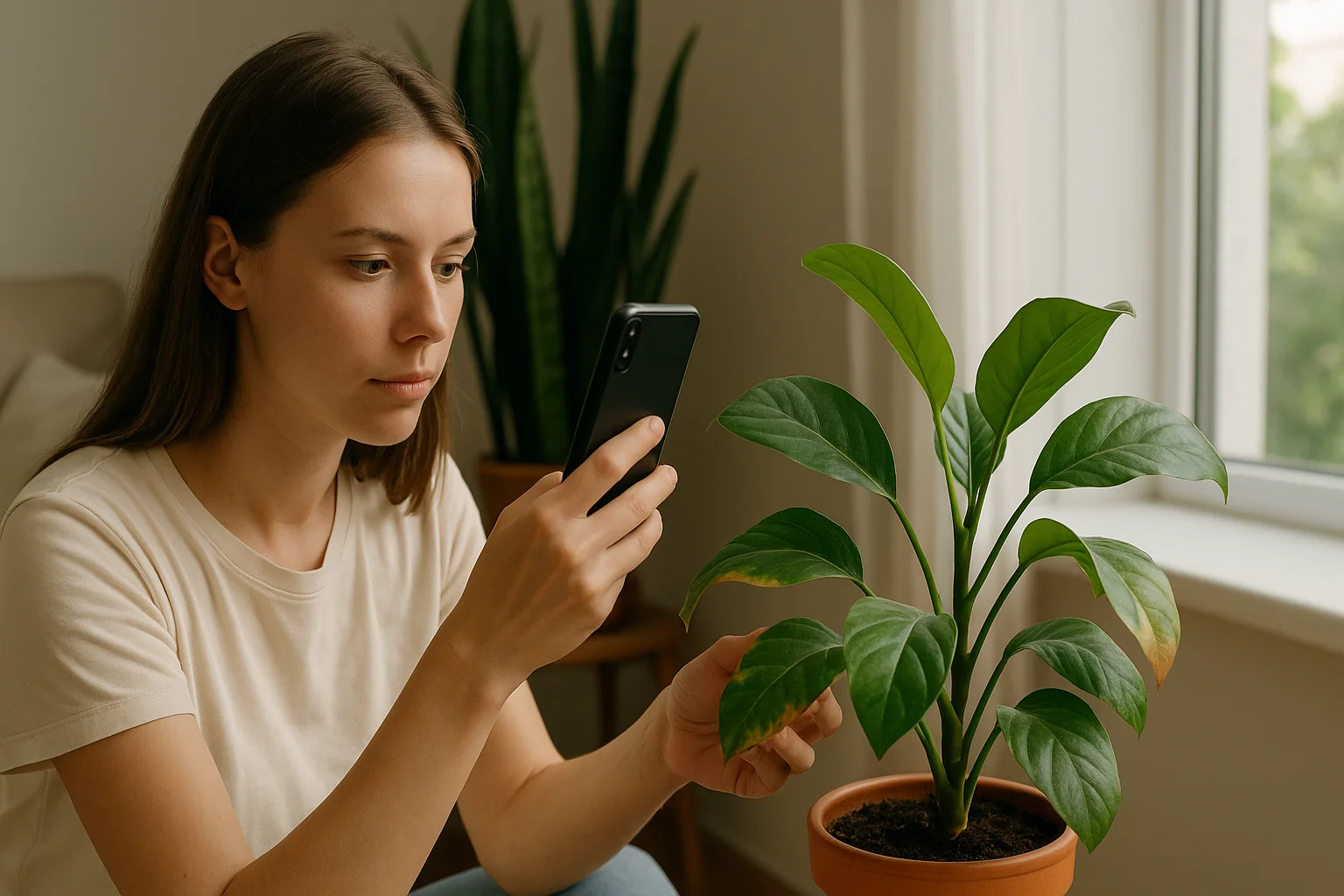 A young woman photographs her plant with a smartphone, using technology to help identify potential stress or disease.
