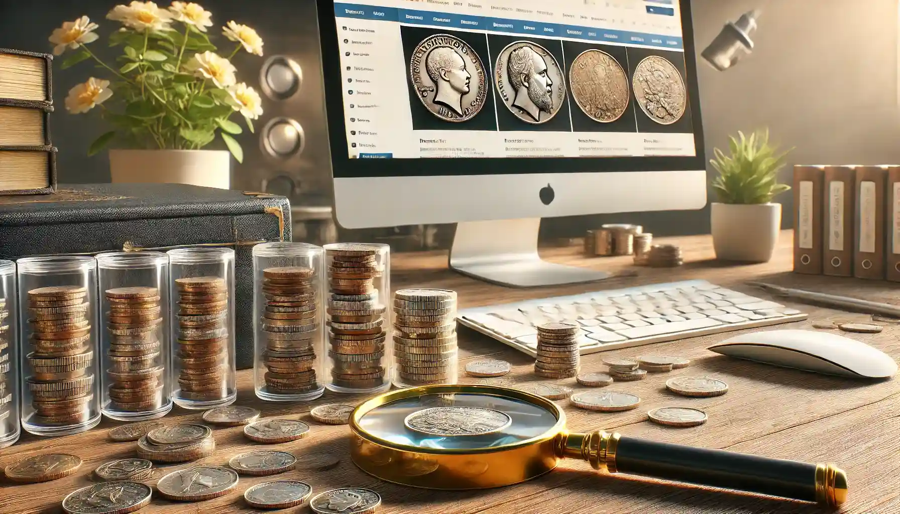 a numismatic workspace with a focus on coin collecting. The scene features a close-up view of rare coins, magnifying glass, and neatly arranged coin albums on a wooden desk.