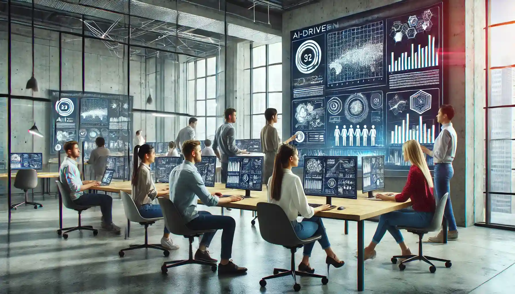 a modern digital marketing office, featuring a dynamic and innovative environment with professionals working collaboratively.