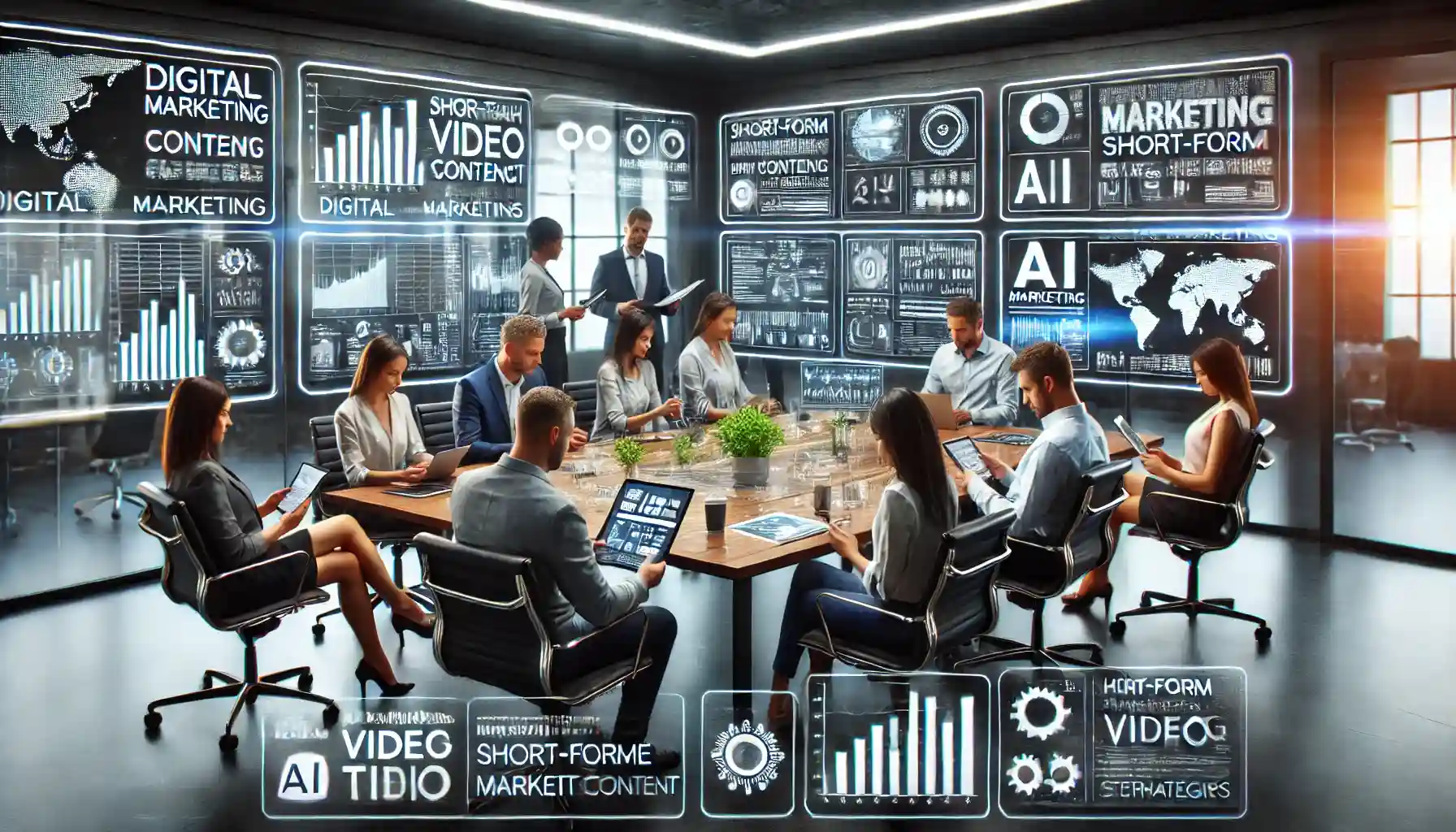 a high-tech digital marketing conference room during a strategy session.