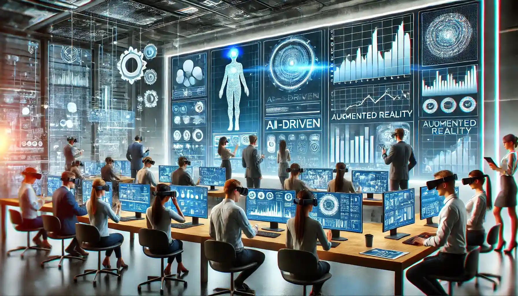 a futuristic digital marketing office. The scene features professionals analyzing AI-driven data, using virtual reality headsets and augmented reality applications, surrounded by advanced technology.