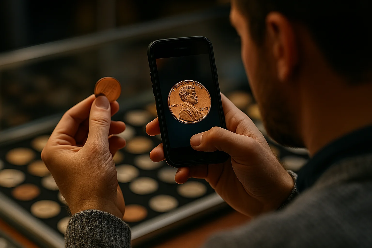 A collector uses his smartphone to photograph a 1972 penny, carefully capturing the details visible on the screen to use a special numismatic app.