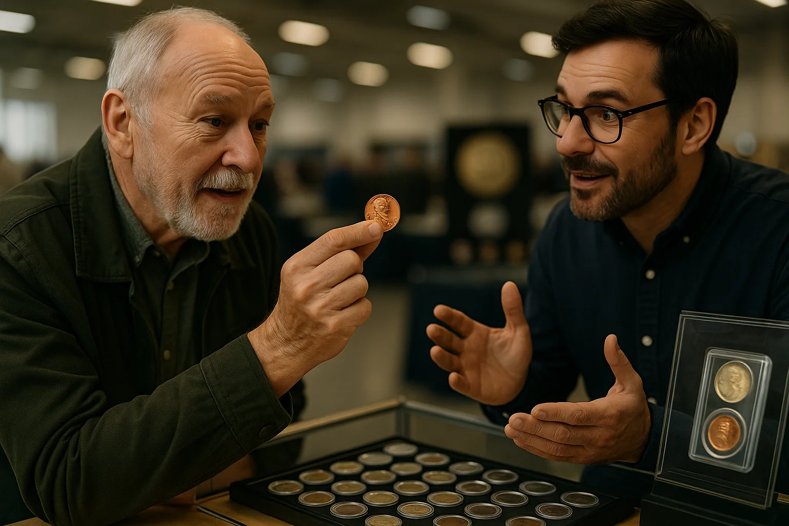 An elderly man examines a 1972 penny with a dealer at a bustling coin fair, surrounded by other rare coins.