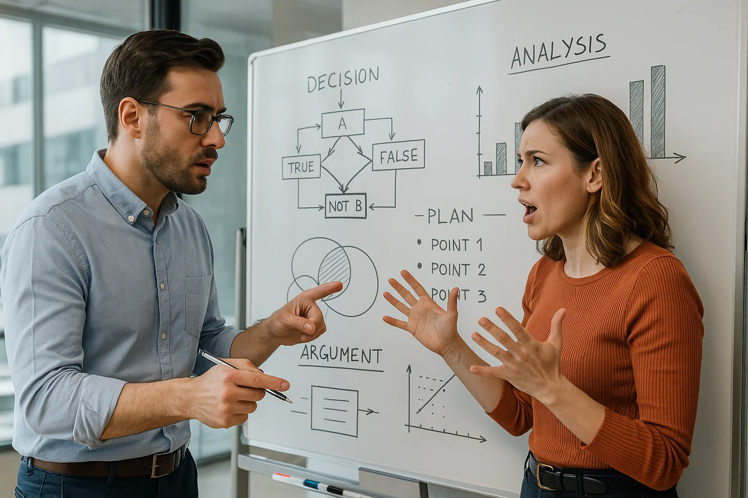 A man and a woman engage in a lively discussion at the office whiteboard, weighing logical arguments against emotional instincts in a real-world decision-making moment.
