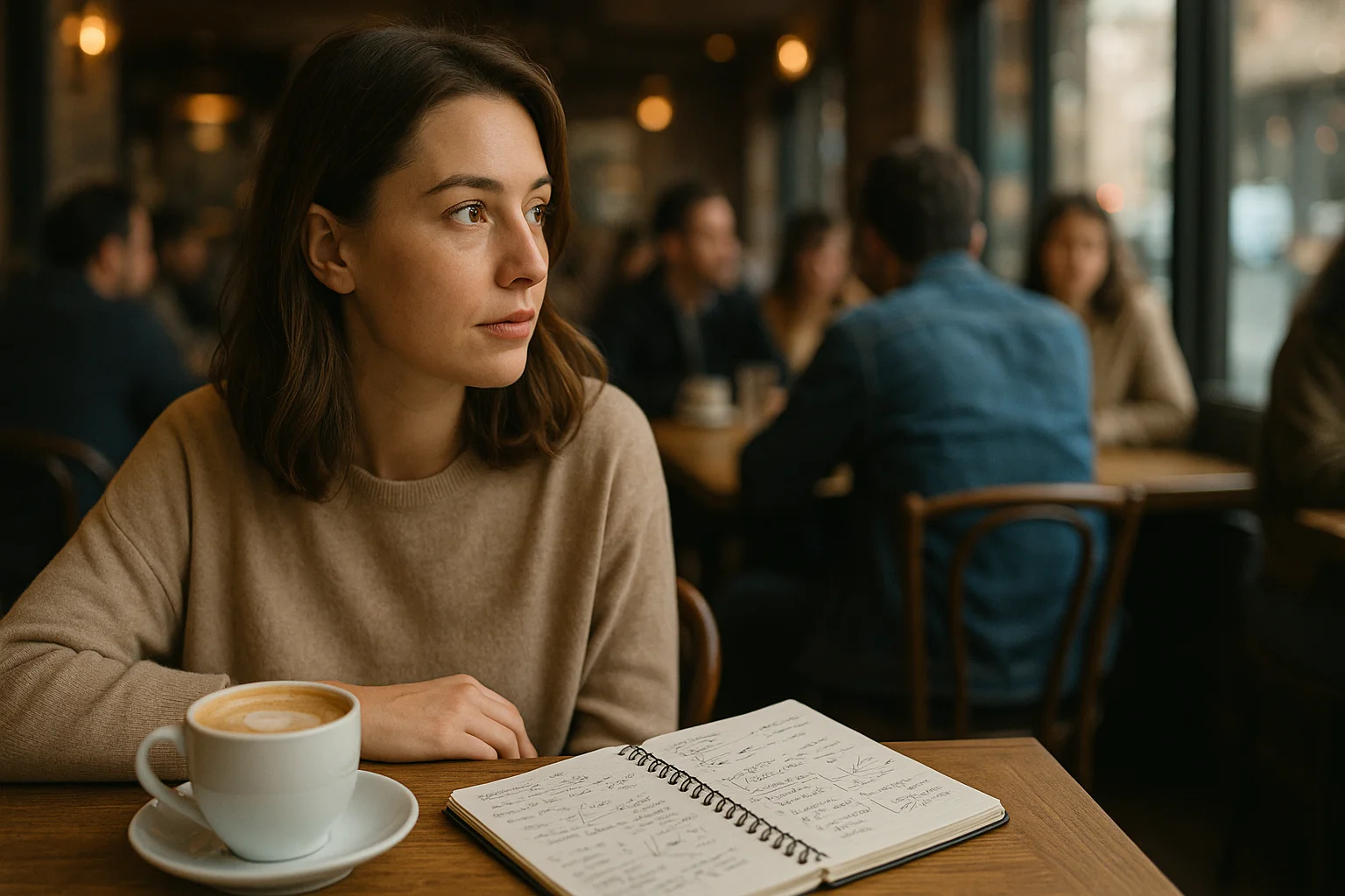 A young woman sits in a café with a coffee and a notepad, quietly observing people and jotting down patterns — training her logical mind through everyday details.