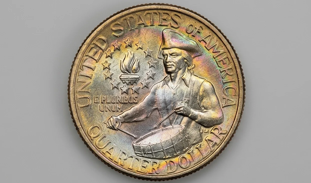 Close-up of a 1976 Bicentennial Quarter showing drummer boy reverse