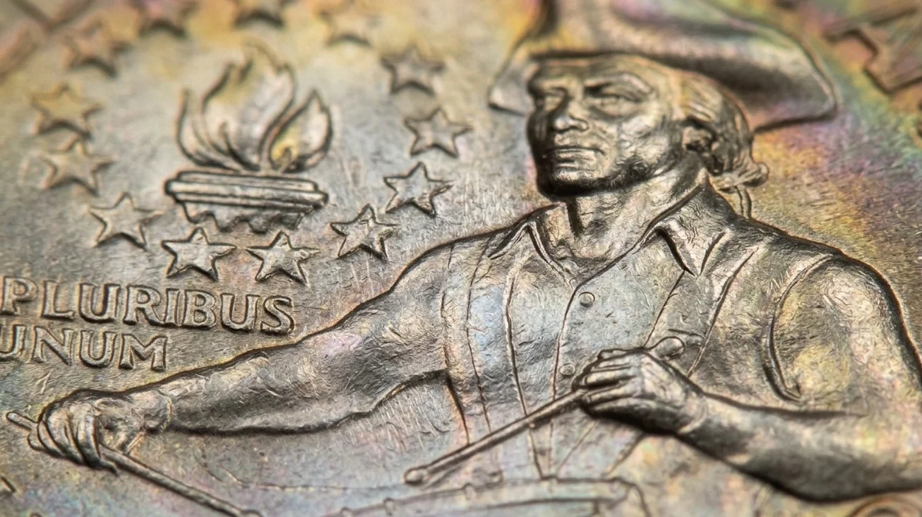 Extreme close-up of drummer boy design on 1976 Bicentennial Quarter